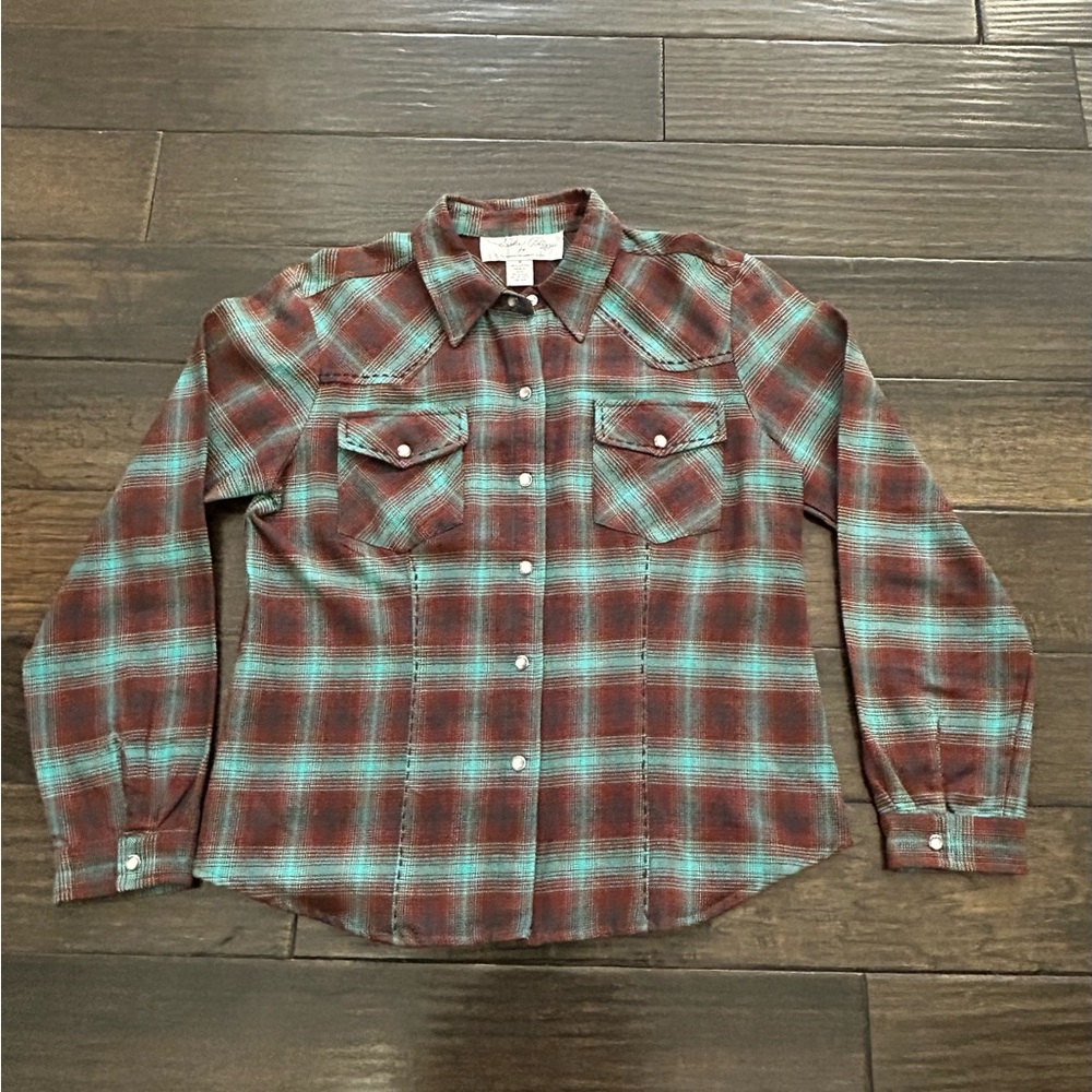 Tasha Polizzi Shirt Womens M Western Cowboy Plaid Pearl Snap Rust Teal